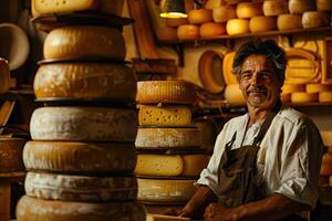 ai genererad italiensk ost tillverkare med hans stackar av tillverkad foto