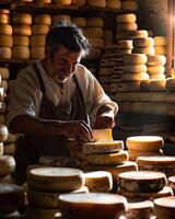ai genererad italiensk ost tillverkare med hans stackar av tillverkad foto