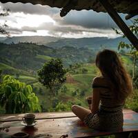 ai genererad njut av en kopp av kaffe medan utsikt en kaffe plantage foto