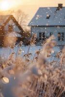 ai genererad vinter- landskap på solnedgång med gräs och hus i bakgrund foto