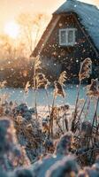 ai genererad vinter- landskap på solnedgång med gräs och hus i bakgrund foto