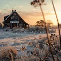 ai genererad vinter- landskap på solnedgång med gräs och hus i bakgrund foto