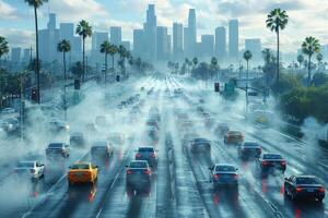ai genererad luft förorening kommer från tät bil trafik i stad professionell fotografi foto