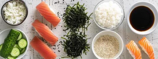 ai genererad några rå Ingredienser till göra sushi foto