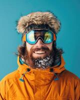 ai genererad leende man med en skägg i åka skidor Utrustning på en blå bakgrund foto