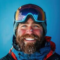 ai genererad leende man med en skägg i åka skidor Utrustning på en blå bakgrund foto