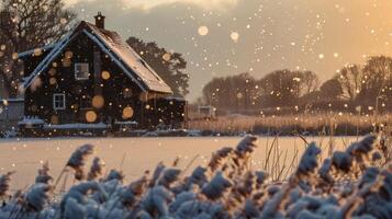 ai genererad vinter- landskap på solnedgång med gräs och hus i bakgrund foto