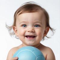 ai genererad en bebis leende med en grön tennis boll foto