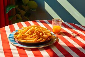 ai genererad franska frites med en glas av juice på en skön tabell foto