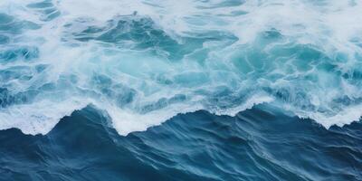 ai genererad abstrakt blå hav vågor kraschar med vit skum och stänk bakgrund. h2O uttrycksfull, konstnärlig, mönster textur tapet bakgrund foto