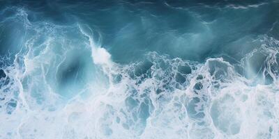 ai genererad abstrakt blå hav vågor kraschar med vit skum och stänk bakgrund. h2O uttrycksfull, konstnärlig, mönster textur tapet bakgrund foto