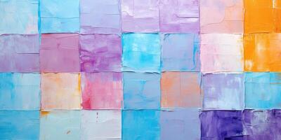 ai genererad abstrakt vibrerande tjock fyrkant borsta slag, pastell Färg palett bakgrund textur mönster tapet. i hög grad texturerad, ljus, färgrik konst med dämpad blå och rosa nyanser foto