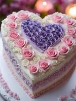 ai genererad hjärtformad pastell bröllop kaka med ro foto