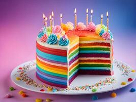 ai genererad hjärtformad färgrik födelsedag regnbåge kaka foto