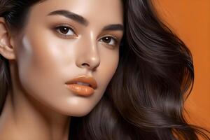 ai genererad brunett med lång hår och perfekt hud på en orange bakgrund foto