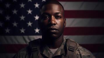 ai genererad porträtt av en afro amerikan soldat i främre av en flagga av de usa. soldat stående i främre av USA flagga. foto