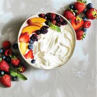ai genererad bakgrund med yoghurt, jordgubbar, persikor och blåbär foto