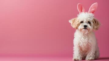 ai genererad söt maltipoo bär påsk kanin öra på en rosa bakgrund med kopia Plats foto