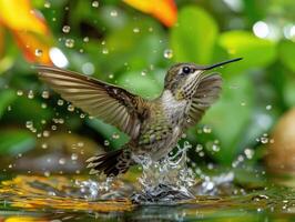 ai genererad en mycket skön kolibri nära de flod foto