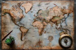 ai genererad en Karta av värld är placerad på en tabell med en mässing kompass och en gåspenna professionell fotografi foto