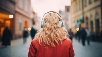 ai genererad musik terapi, harmoni, mental hälsa begrepp. Söt ung kvinna njuter musik med hörlurar utomhus. kvinna bär hörlurar njuter musik och Bra vibrafon foto