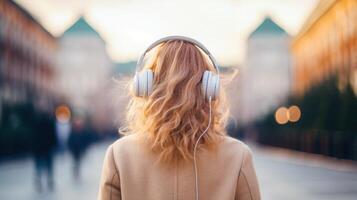 ai genererad musik terapi, harmoni, mental hälsa begrepp. Söt ung kvinna njuter musik med hörlurar utomhus. kvinna bär hörlurar njuter musik och Bra vibrafon foto