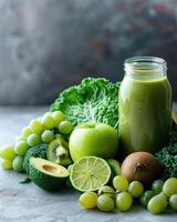 ai genererad vegetarian, alkalisk mat begrepp, smoothie med grönsaker och frukt foto
