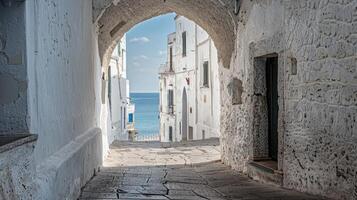 ai genererad de ingång av en vit stad i Italien foto