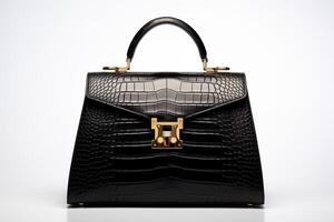 ai genererad sofistikerad svart läder handväska med en krokodil mönster och elegant guld hårdvara, visas mot en vit bakgrund foto
