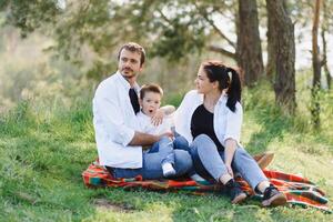 Lycklig ung familj utgifterna tid utomhus- på en sommar dag ha roligt på skön parkera i natur medan Sammanträde på de grön gräs. Lycklig familj. foto