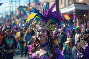 ai genererad en mystisk kvinna bländande i en vibrerande lila och grön kostym på en livlig mardi gras parad i februari. foto