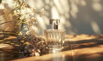 ai genererad elegant glas flaska attrapp visa upp en lyxig parfym med en delikat blommig doft foto