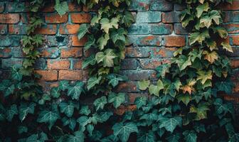ai genererad gammal tegel vägg med grön murgröna löv. naturlig årgång bakgrund. foto