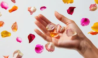 ai genererad närbild av en kvinnas hand innehav färgrik blomma kronblad foto