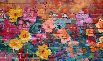 ai genererad tegel vägg med färgrik graffiti och blommor. grunge bakgrund foto