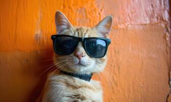 ai genererad söt katt bär solglasögon på de orange vägg bakgrund. selektiv fokus. foto
