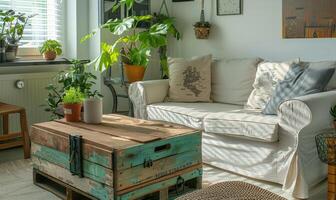 ai genererad interiör av en levande rum med årgång möbel, fåtölj och växter foto