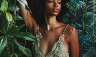 ai genererad skön afrikansk amerikan kvinna med i en tropisk trädgård foto