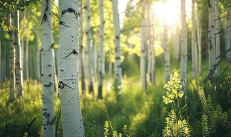 ai genererad björk skog i solljus i de morgon, mjuk fokus bakgrund foto