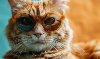 ai genererad söt ingefära katt bär orange solglasögon på en bakgrund av blå himmel. foto