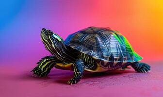 ai genererad sköldpadda på en bakgrund av flerfärgad ljus foto