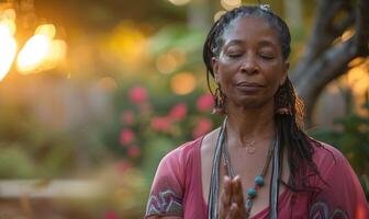 ai genererad afro amerikan kvinna mediterar i de trädgård på solnedgång. foto