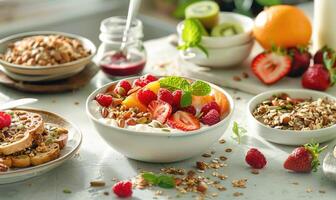 ai genererad friska frukost med granola, bär och frukt på vit tabell foto