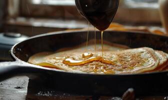 ai genererad pannkakor med honung i en fräsning panorera på en trä- tabell foto