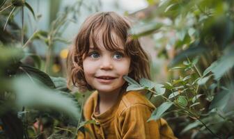 ai genererad porträtt av en söt liten pojke i de trädgård. selektiv fokus. foto