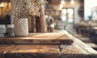 ai genererad tömma trä- tabell i kaffe affär interiör med bokeh bakgrund. foto