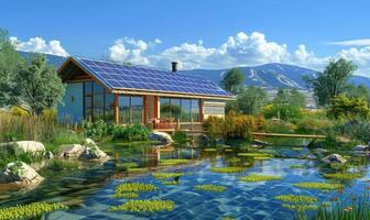 ai genererad hus med sol- paneler i de trädgård. de begrepp av förnybar energi. foto