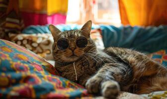 ai genererad söt tabby katt bär solglasögon liggande på säng på Hem. foto