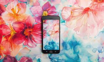 ai genererad konstnärlig smartphone attrapp mot en vibrerande vattenfärg blommig sömlös bakgrund foto