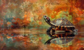 ai genererad sköldpadda på färgrik bakgrund med Plats för text foto